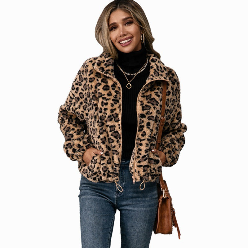 Ladies Leopard Print Lapel Zip Furry Jacket