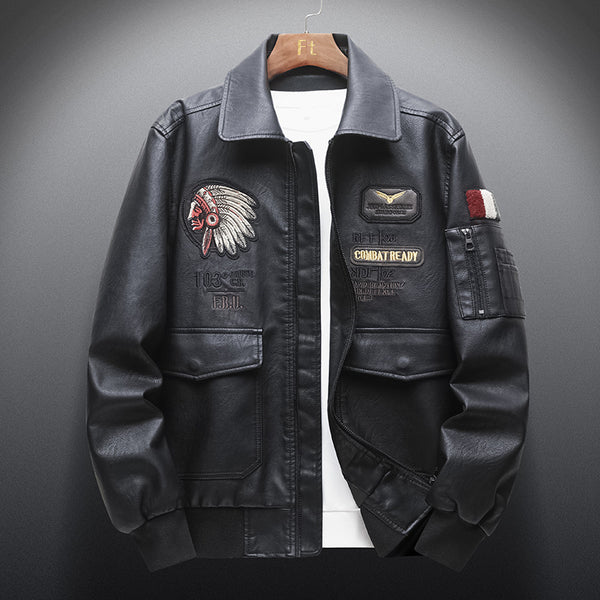 Men's Leather Jacket With Lapel PU Embroidered