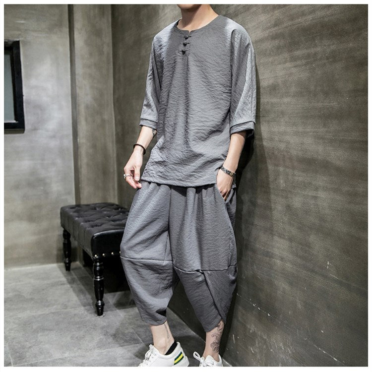 Ethnic style thin cotton and linen jumpsuit men