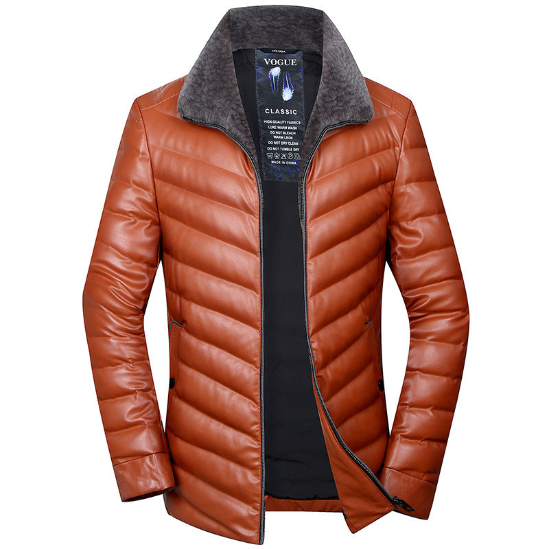 Wool Collar Youth Men's Leather Down Jacket