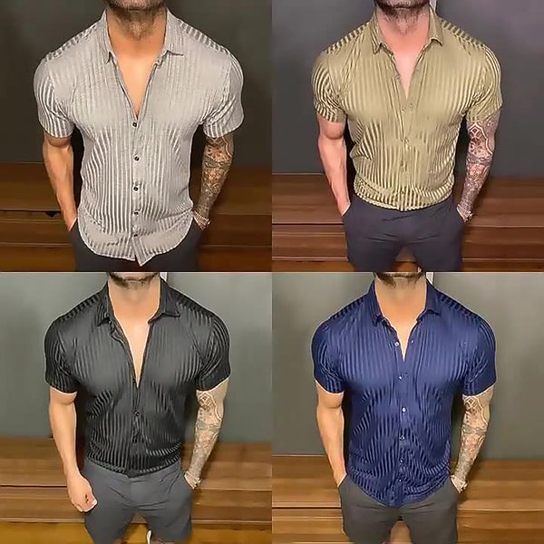 Camisas hawaianas finas con solapa para hombre, manga corta mercerizada