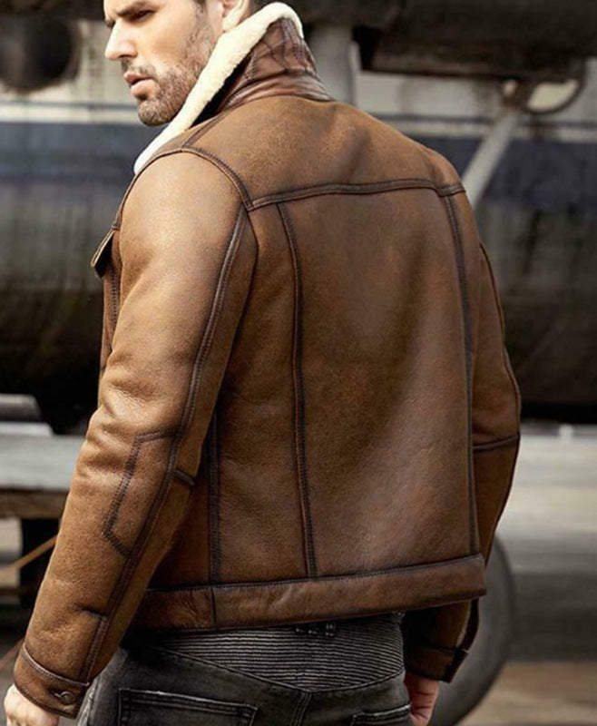 Spot Brown Thicken Unhooded Men's Leather Jacket