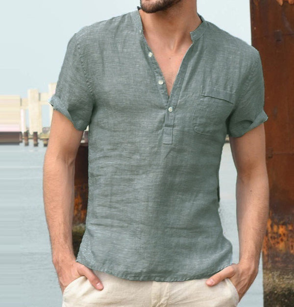 Camisa de manga corta para hombre de lino y algodón de color liso