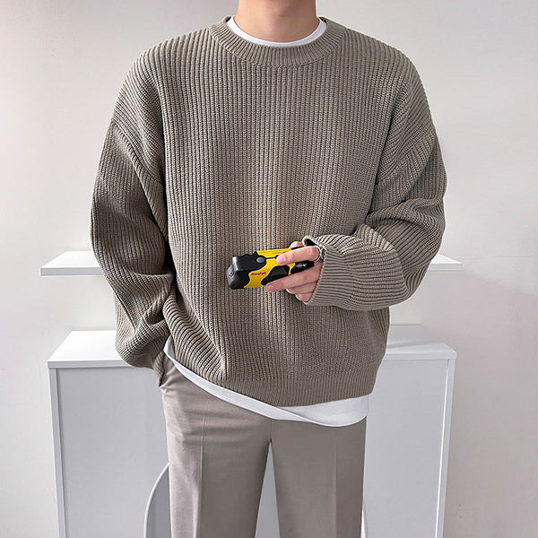 Suéter de color sólido versátil, holgado y holgado con cuello redondo para hombre