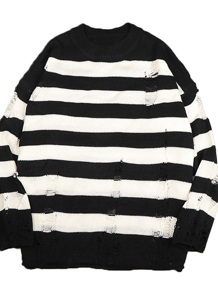 Striped jacquard round neck sweater