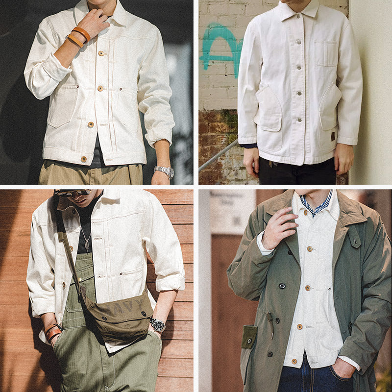 American Retro Paris Buckle White Ranch Denim Jacket Men