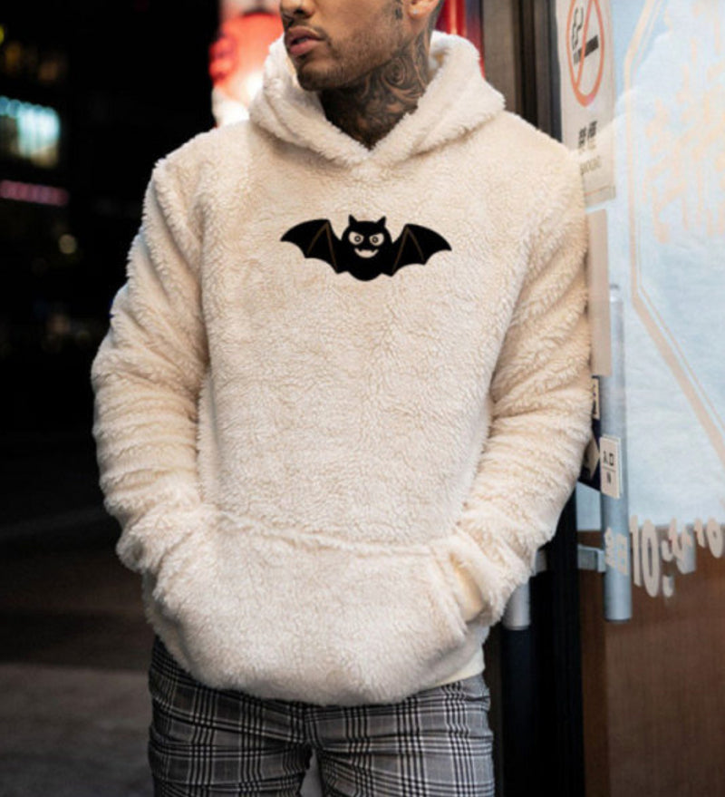 Bat Print Plush Hooded Sweater