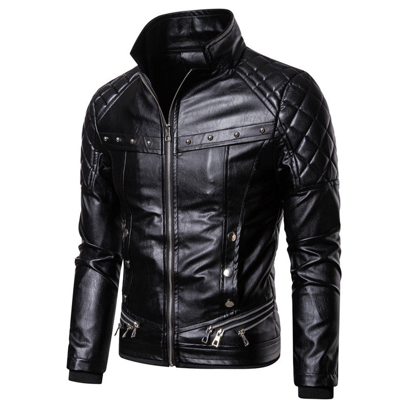 Detachable Wool Collar Rivet Windproof Locomotive Leather Jacket