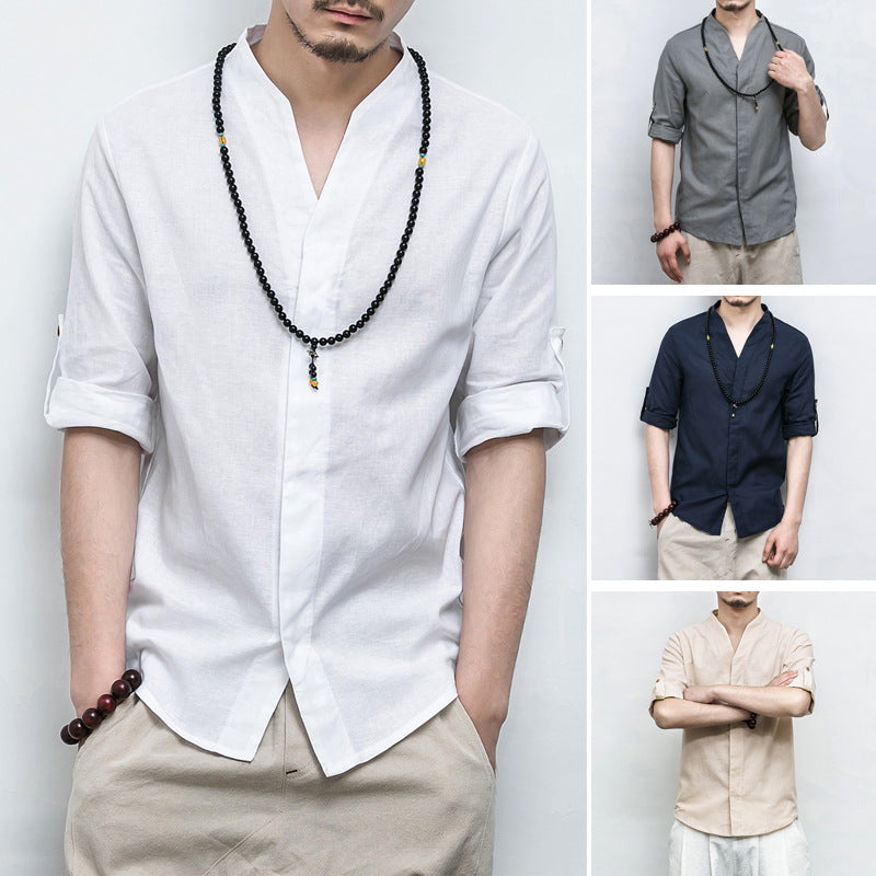 Ethnic style short sleeve cotton shirt