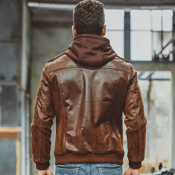 Chaqueta de cuero real para hombre Chaqueta de moto con capucha extraíble 