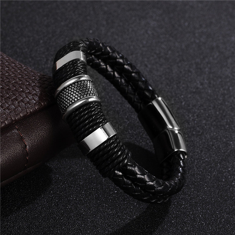 Black Braid Woven Leather Bracelet Titanium Stainless Steel Bracelet