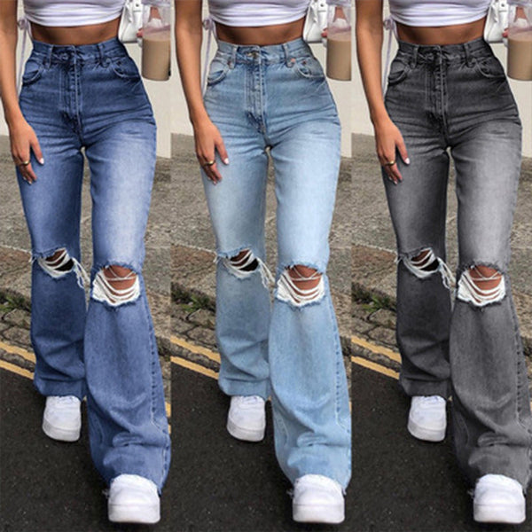 High Waist Ripped Bootcut Denim Slim Straight Jeans