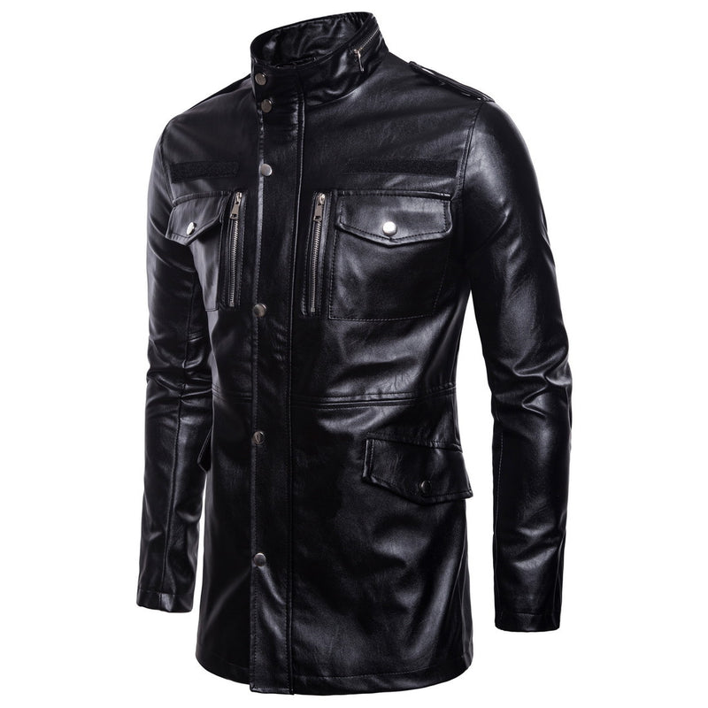 Chaqueta de cuero de hombre con cuello alto y talla grande. 