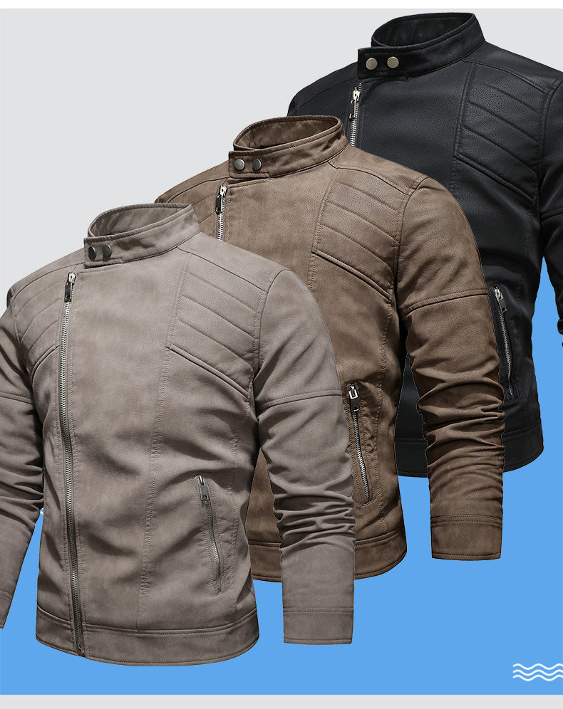 Men PU Leather Jacket with Oblique Zipper and Large Lapel Collar