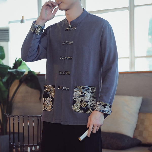 Camisa de hombre con bordado de algodón y lino 