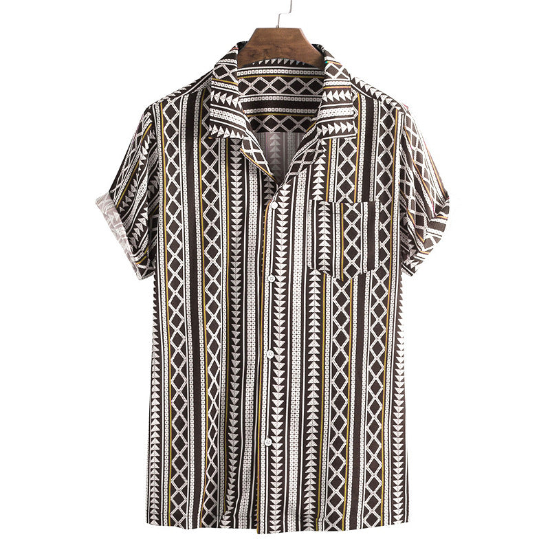 Men's Printed Short-sleeved Striped Shirt