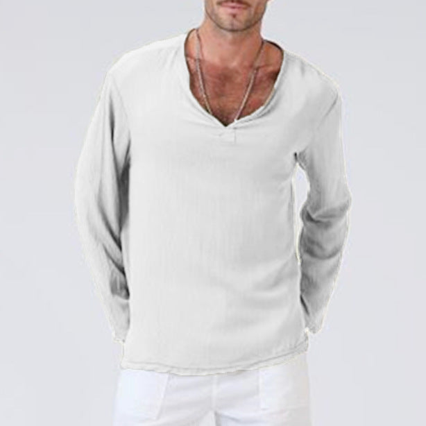 Linen Ethnic Style Loose Men's V-neck  Long-sleeved T-shirt