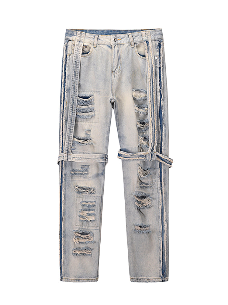 High Street Heavy Destroyed Washed And Worn Out Fit Straight-leg Jeans