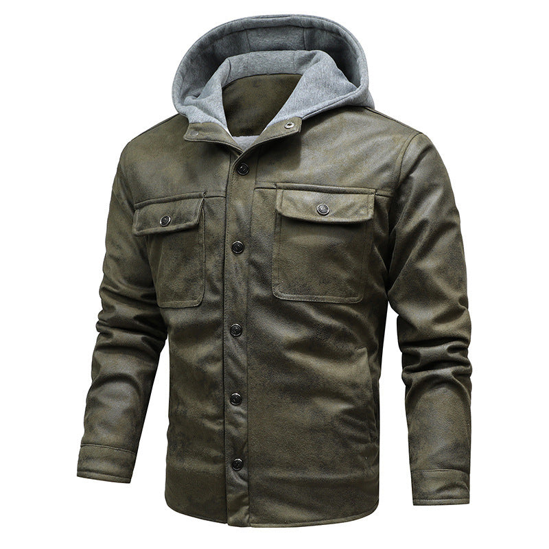 Chaqueta casual de cuero para hombre con capucha y cachemir