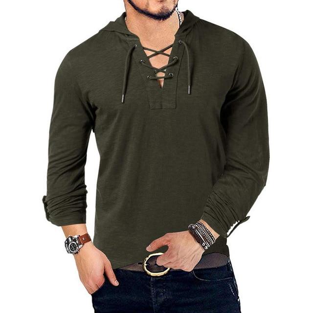 Camiseta con capucha para hombre Henley de algodón de manga larga