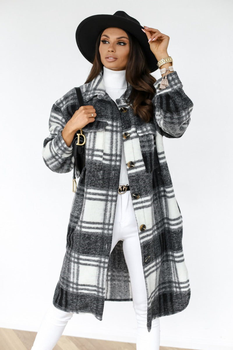 Button Lapel Casual Warm Plaid Long Woolen Coat