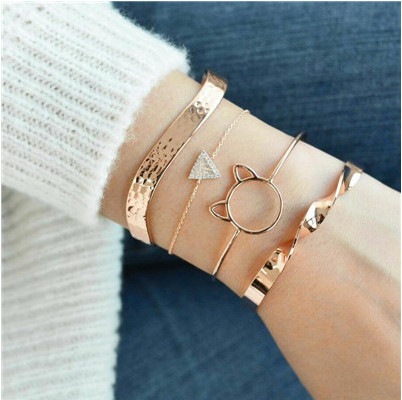 Trendy Gold, Silver, Crystal, Leaf, Moon, Cat Bracelet Set For Women