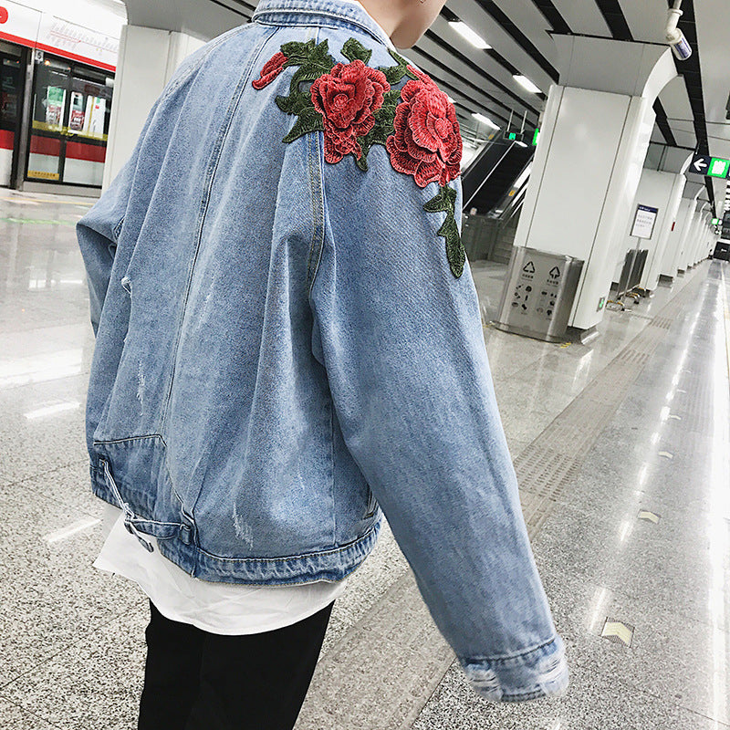 Spring safflower embroidered washed denim jacket