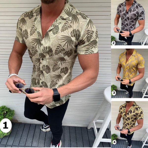 Camisa de hombre manga corta con estampado de hojas de coco. 