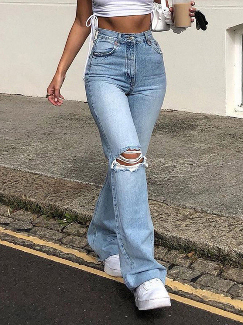 High Waist Ripped Bootcut Denim Slim Straight Jeans