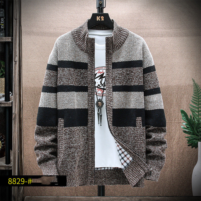 Stand-up Collar Striped Men's Plus Fleece Sweater