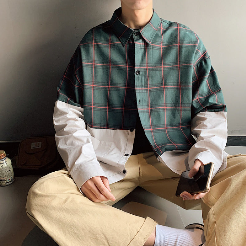 Autumn Japanese plaid stitching shirt men