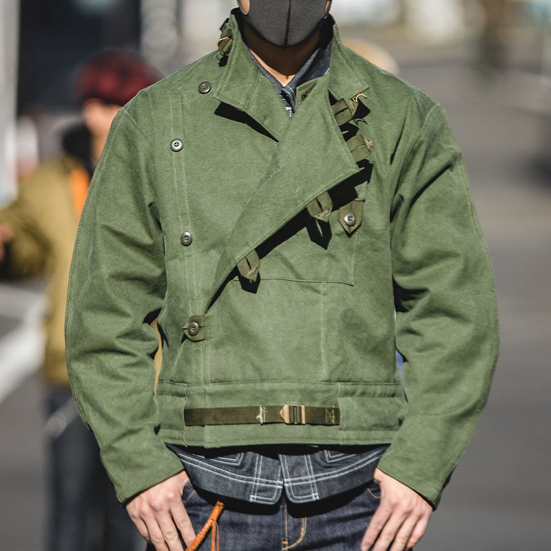 Chaqueta de moto de algodón lavada con agua verde militar para hombre