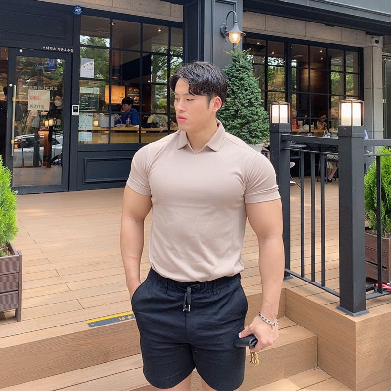 Solapa Color sólido Stretch Slim Fit manga corta Fitness camiseta hombres