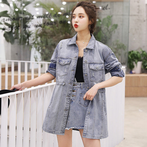 Long Embroidery Spring Denim Jacket