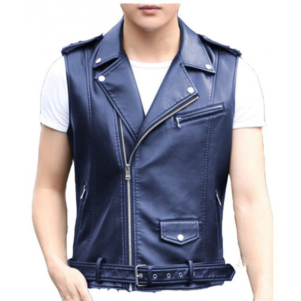 Short Slim Punk Motorcycle Vest Oblique Zipper PU Leather Jacket