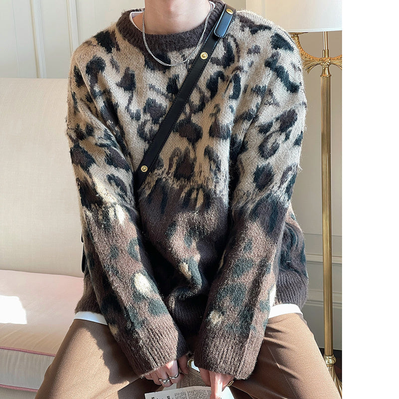 Men's Round Neck Leopard Print Retro Knitted Sweater