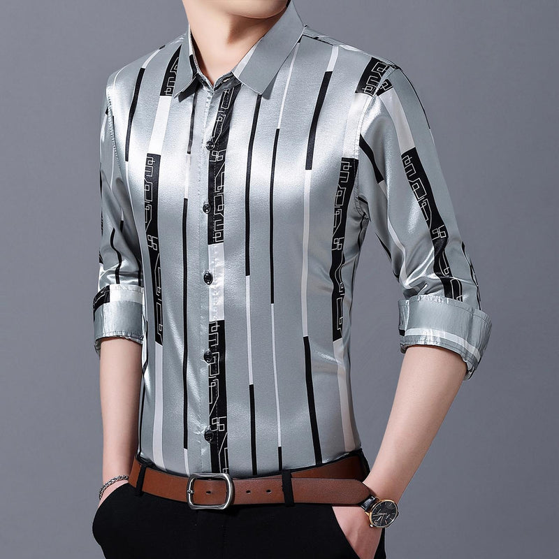 Spring And Autumn Striped  Silk Ironing Shirt Men's Long Sleeves