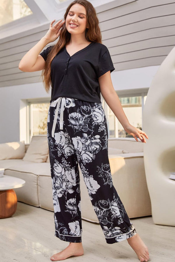 Conjunto de salón con pantalón floral y top con cuello en V de tamaño completo