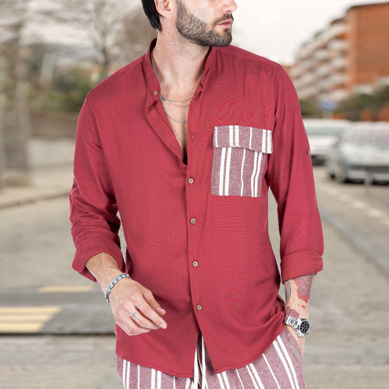 Camisa casual con solapa y costuras de color en contraste para hombre