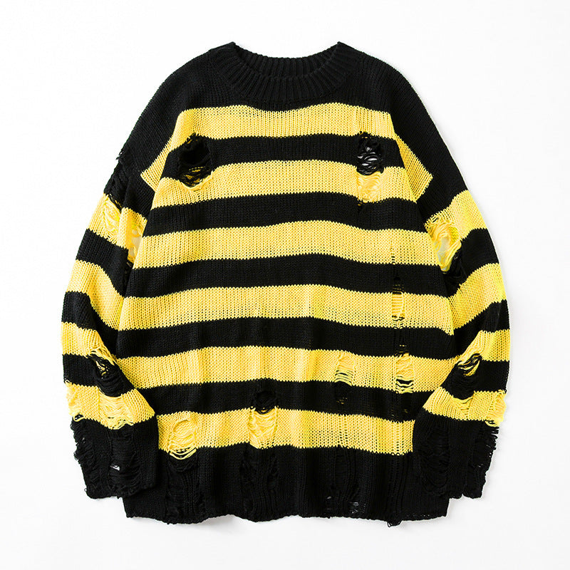 Striped jacquard round neck sweater
