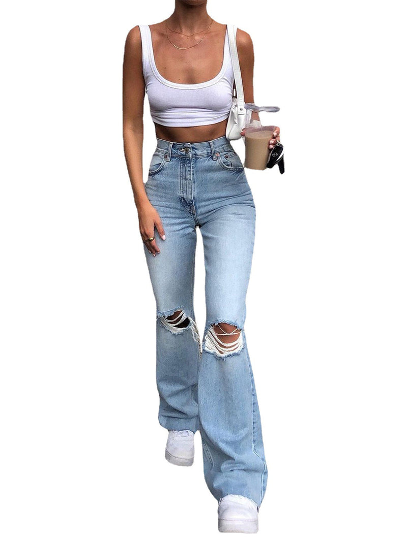 High Waist Ripped Bootcut Denim Slim Straight Jeans