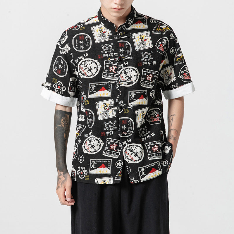 Men's Loose Stand-up Collar Printed Short-sleeved Shirt