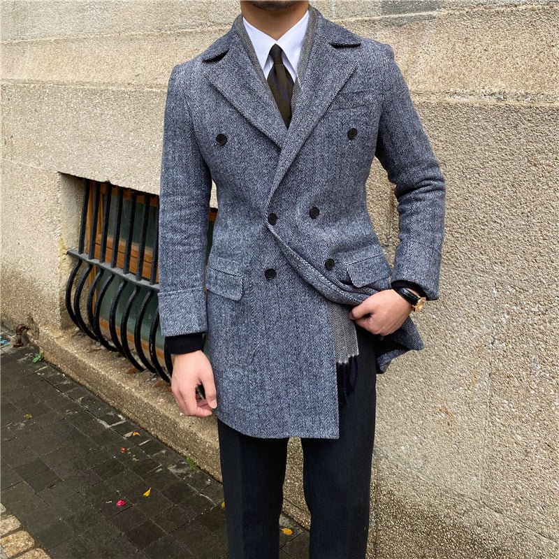 Daily Double Row Mid-length Tweed Coat Men