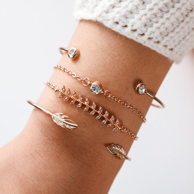 Trendy Gold, Silver, Crystal, Leaf, Moon, Cat Bracelet Set For Women