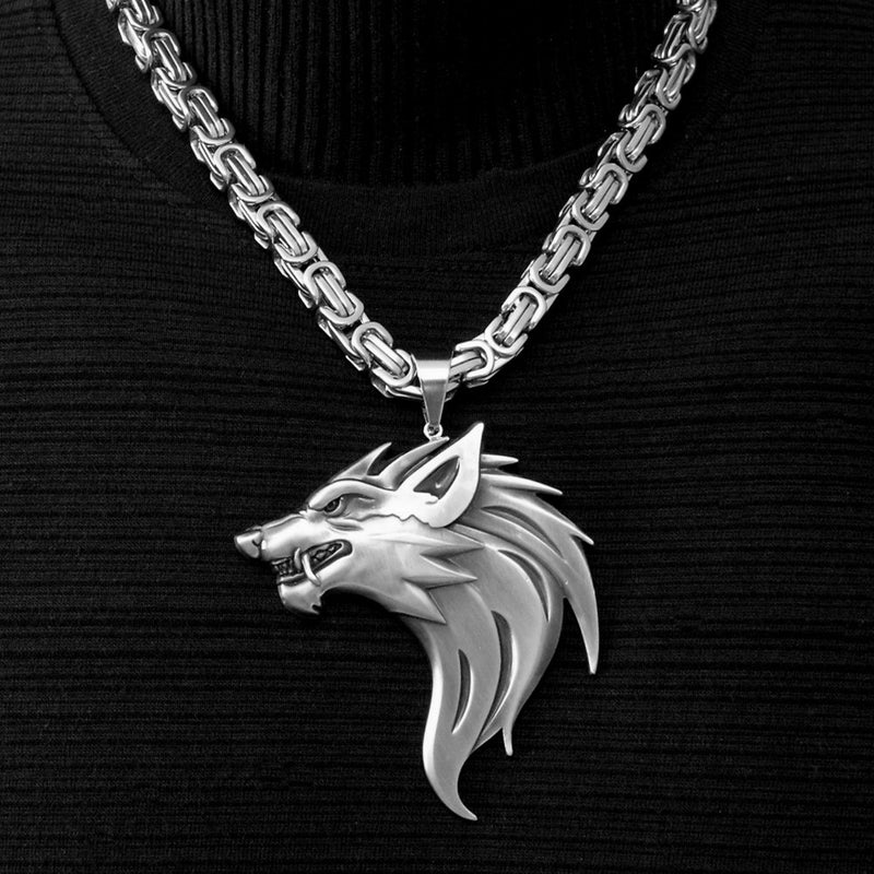 Wolf head pendant necklace men