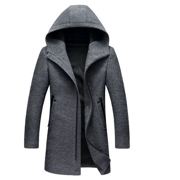 Autumn And Winter Woolen Coat Men's Windbreaker Mid-length Hooded
