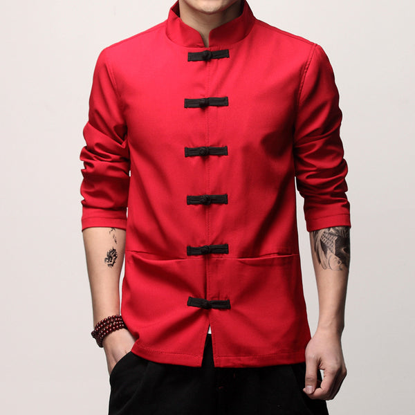 camisa de color sólido de estilo japonés para hombre 