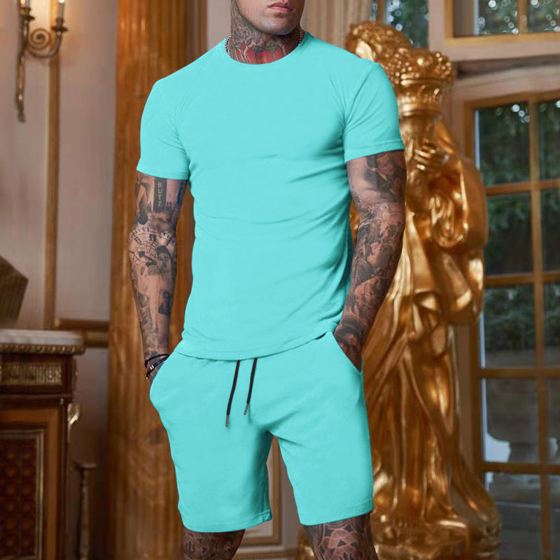 Men's Solid Color Short Sleeve Shorts summer Set