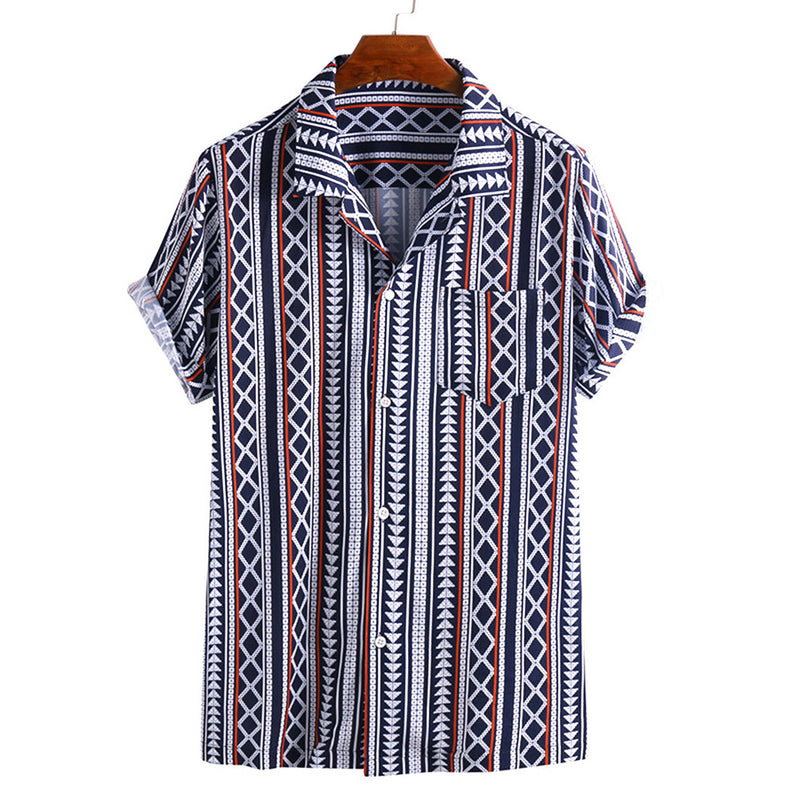 Men's Printed Short-sleeved Striped Shirt