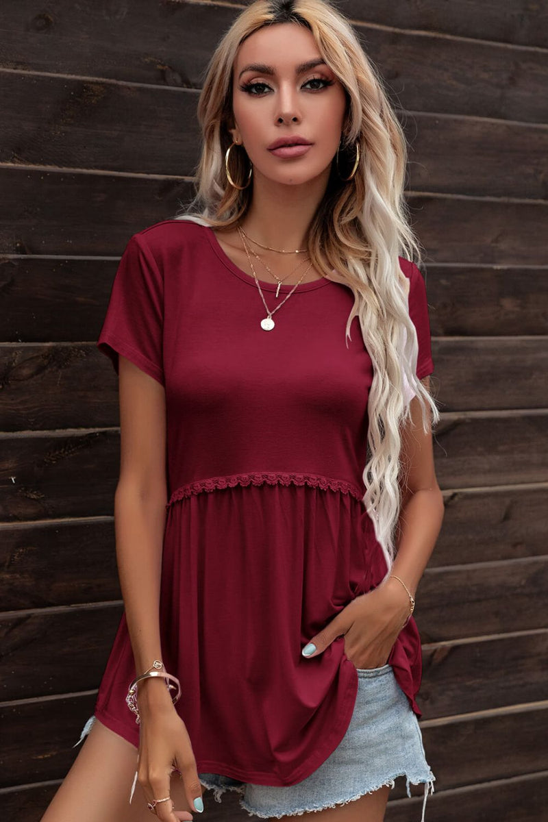 Lace Trim Round Neck Tunic Top